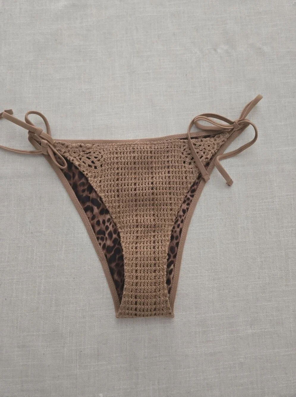 NWT aerie Brown Crochet Tie-Side Bikini Bottom with Leopard Lining